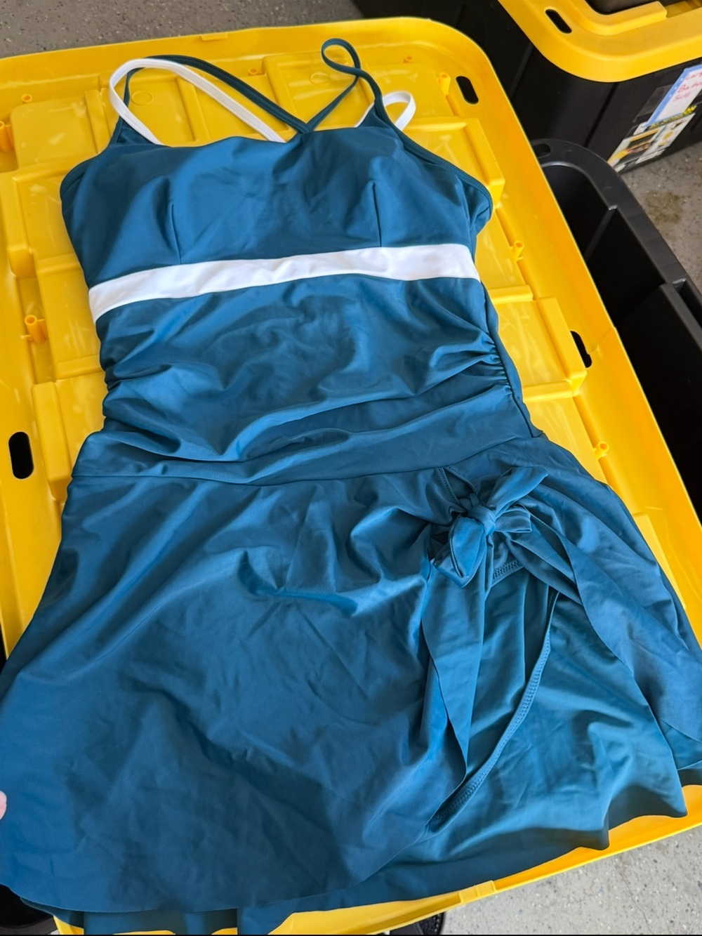 Teal One-Piece Swim Dress with White Waistband